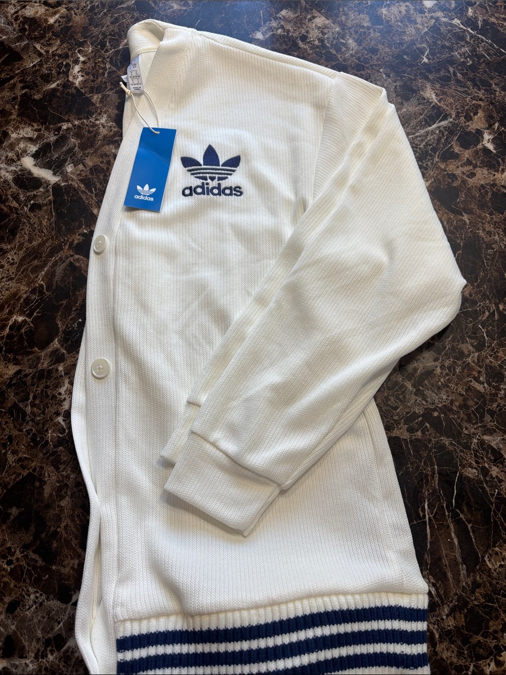 adidas White Cardigan with Navy Trefoil and Striped Hem